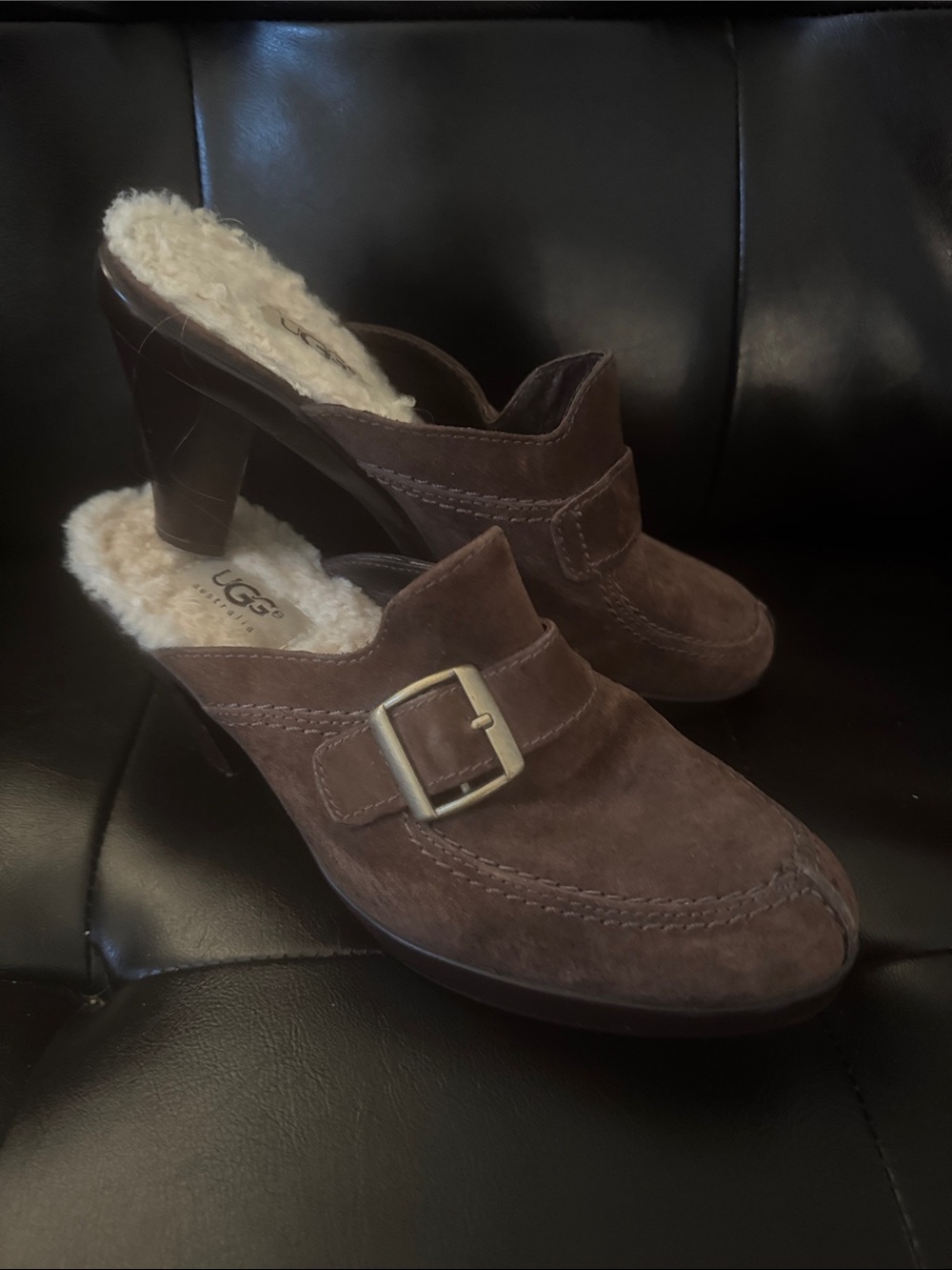 UGG Brown Suede Shearling-Lined Buckle Heeled Mules